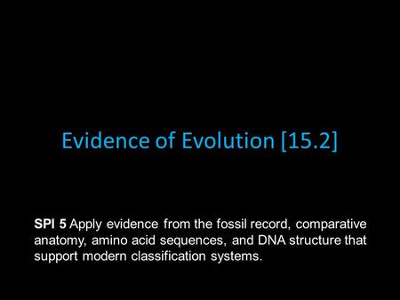 Evidence of Evolution [15.2] SPI 5 Apply evidence from the fossil record, comparative anatomy, amino acid sequences, and DNA structure that support modern.