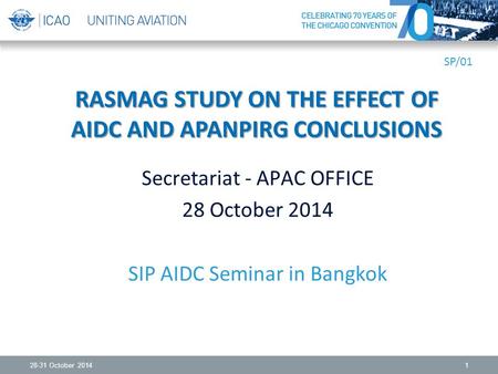 28-31 October 20141 RASMAG STUDY ON THE EFFECT OF AIDC AND APANPIRG CONCLUSIONS Secretariat - APAC OFFICE 28 October 2014 SIP AIDC Seminar in Bangkok SP/01.