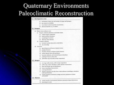 Quaternary Environments Paleoclimatic Reconstruction.