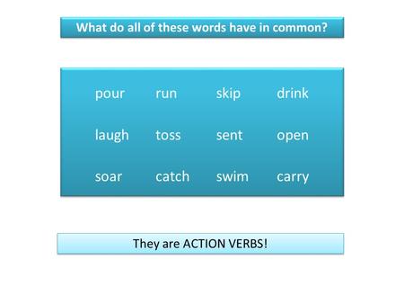 Pourrunskipdrink laughtosssentopen soarcatchswimcarry pourrunskipdrink laughtosssentopen soarcatchswimcarry They are ACTION VERBS! What do all of these.