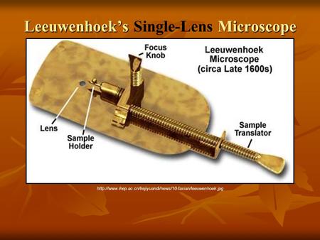 Leeuwenhoek’s Microscope Leeuwenhoek’s Single-Lens Microscope