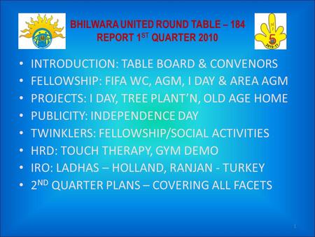 INTRODUCTION: TABLE BOARD & CONVENORS FELLOWSHIP: FIFA WC, AGM, I DAY & AREA AGM PROJECTS: I DAY, TREE PLANT’N, OLD AGE HOME PUBLICITY: INDEPENDENCE DAY.