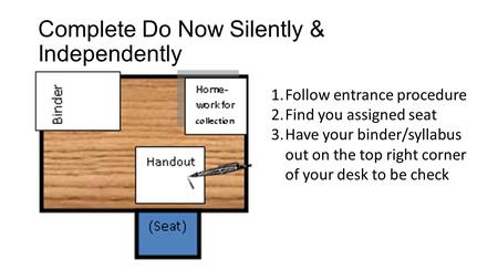 Complete Do Now Silently & Independently 1.Follow entrance procedure 2.Find you assigned seat 3.Have your binder/syllabus out on the top right corner of.