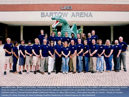 2010 REU Crew: (front l-r) John Parker, Chidinma Anakwenze, Max Grossnickle, Matthew Bishop, Rhys Miller, Dr. Andrei Stanishevsky, Andrew Davis, Dr. Yogesh.