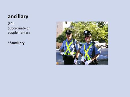 Ancillary (adj) Subordinate or supplementary **auxiliary.