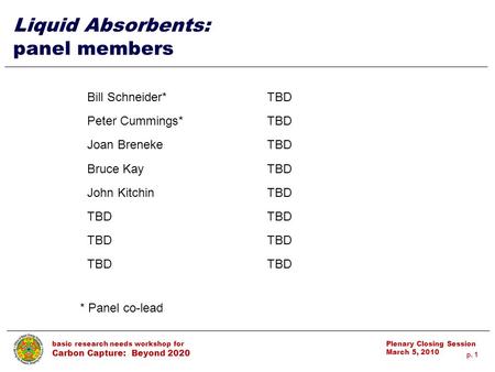 P. 1 basic research needs workshop for Carbon Capture: Beyond 2020 Plenary Closing Session March 5, 2010 1 Liquid Absorbents: panel members * Panel co-lead.