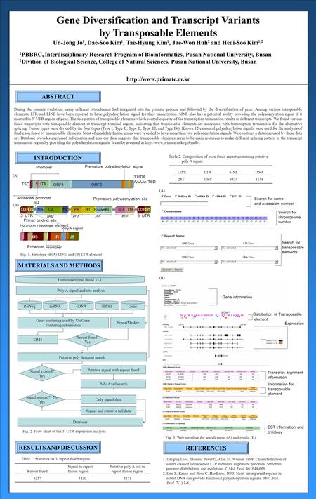 ` Gene Diversification and Transcript Variants by Transposable Elements Un-Jong Jo 1, Dae-Soo Kim 1, Tae-Hyung Kim 1, Jae-Won Huh 2 and Heui-Soo Kim 1,2.