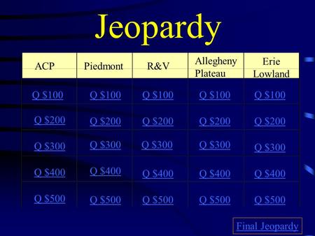 Jeopardy ACPPiedmontR&V Allegheny Plateau Erie Lowland Q $100 Q $200 Q $300 Q $400 Q $500 Q $100 Q $200 Q $300 Q $400 Q $500 Final Jeopardy.