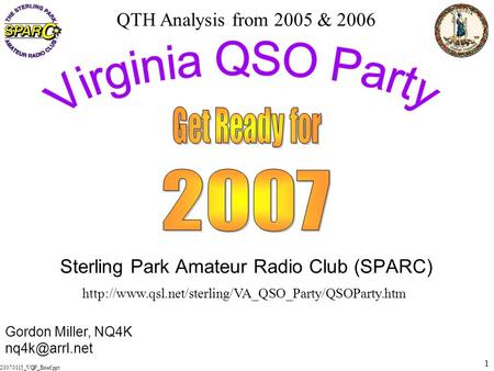 1 20070115_VQP_Brief.ppt Sterling Park Amateur Radio Club (SPARC)  Gordon Miller, NQ4K