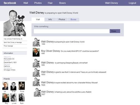 Facebook Walt Disney is preparing to open Walt Disney World WallPhotosFlairBoxesWalt DisneyLogout View photos of Walt Disney (4) Send Walt Disney a message.
