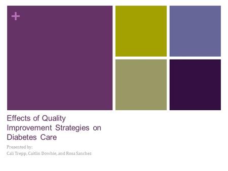 + Effects of Quality Improvement Strategies on Diabetes Care Presented by: Cali Trepp, Caitlin Dowhie, and Rosa Sanchez.