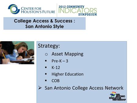 College Access & Success : San Antonio Style Strategy: o Asset Mapping  Pre-K – 3  K-12  Higher Education  COB  San Antonio College Access Network.