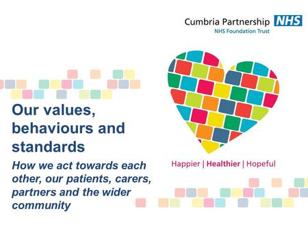 Our values, behaviours and standards How we act towards each other, our patients, carers, partners and the wider community.