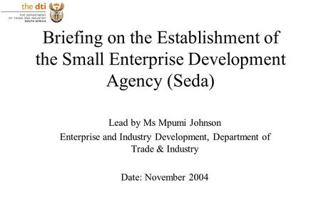 Briefing on the Establishment of the Small Enterprise Development Agency (Seda) Lead by Ms Mpumi Johnson Enterprise and Industry Development, Department.