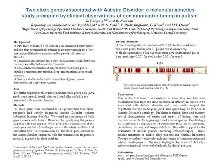 Two clock genes associated with Autistic Disorder: a molecular genetics study prompted by clinical observations of communicative timing in autism. D. Wimpory.