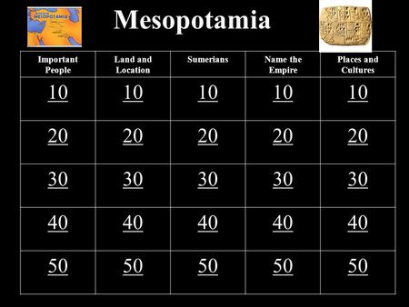 Mesopotamia Important People Land and Location SumeriansName the Empire Places and Cultures 10 20 30 40 50.