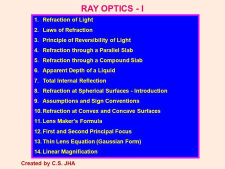 RAY OPTICS - I 1.Refraction of Light 2.Laws of Refraction 3.Principle of Reversibility of Light 4.Refraction through a Parallel Slab 5.Refraction through.