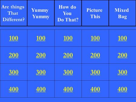 200 300 400 100 200 300 400 100 200 300 400 100 200 300 400 100 200 300 400 100 Are things That Different? Yummy How do You Do That? Picture This Mixed.