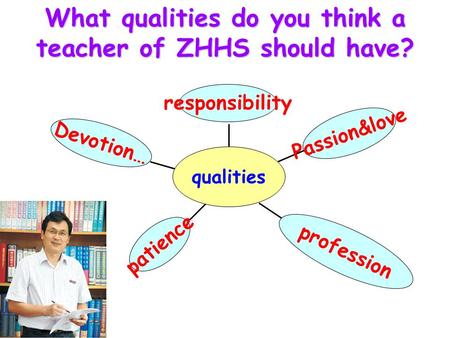 What qualities do you think a teacher of ZHHS should have? qualities responsibility Passion&love Devotion… profession patience.