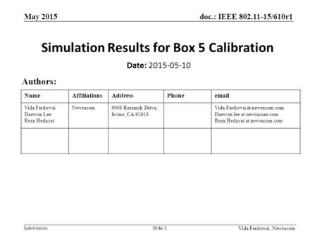 Doc.: IEEE 802.11-15/610r1 Submission Vida Ferdowsi, Newracom May 2015 Slide 1 NameAffiliationsAddressPhoneemail Vida Ferdowsi Daewon Lee Reza Hedayat.