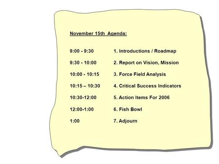 November 15th Agenda: 9:00 - 9:30 1. Introductions / Roadmap 9:30 - 10:00 2. Report on Vision, Mission 10:00 - 10:15 3. Force Field Analysis 10:15 – 10:30.