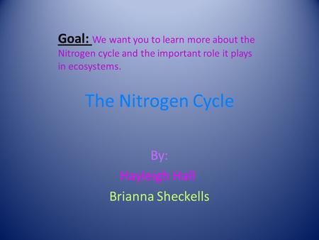 The Nitrogen Cycle By: Hayleigh Hall Brianna Sheckells Goal: We want you to learn more about the Nitrogen cycle and the important role it plays in ecosystems.