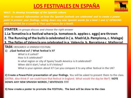 WALT: To develop knowledge of the Spanish culture WILF: to research information on how the Spanish festivals are celebrated and to create a power point.