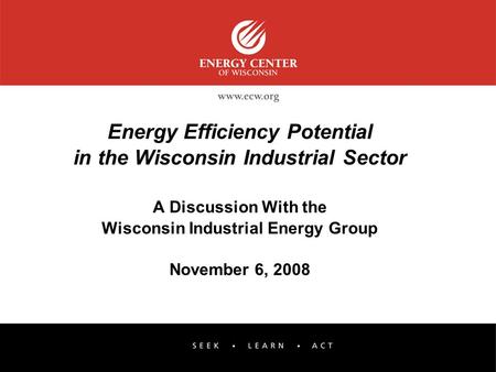 Energy Efficiency Potential in the Wisconsin Industrial Sector A Discussion With the Wisconsin Industrial Energy Group November 6, 2008.