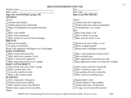 UNICEF/WHO Breastfeeding Promotion and Support in a Baby-Friendly Hospital – 20 hour Course 2006 BREASTFEED OBSERVATION AID Mother's name _______________________________Date.