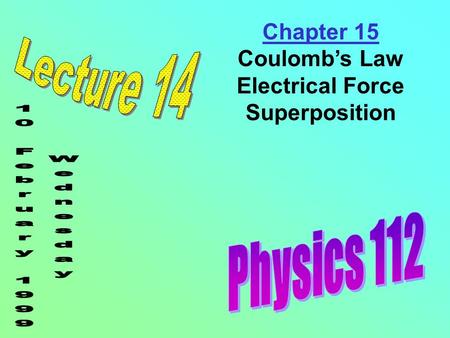 Chapter 15 Coulomb’s Law Electrical Force Superposition.