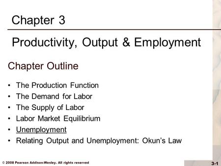 © 2008 Pearson Addison-Wesley. All rights reserved 3-1 Chapter Outline The Production Function The Demand for Labor The Supply of Labor Labor Market Equilibrium.