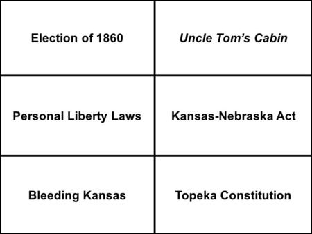 Election of 1860Uncle Tom’s Cabin Personal Liberty LawsKansas-Nebraska Act Bleeding KansasTopeka Constitution.