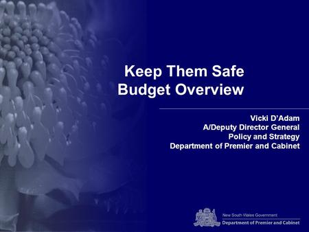 Keep Them Safe Budget Overview Vicki D’Adam A/Deputy Director General Policy and Strategy Department of Premier and Cabinet.