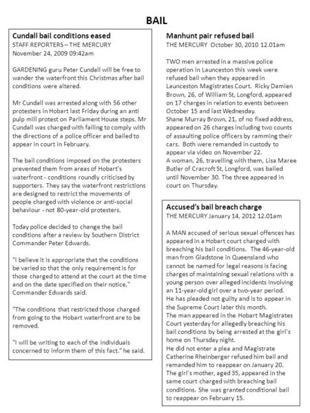 Cundall bail conditions eased STAFF REPORTERS – THE MERCURY November 24, 2009 09:42am GARDENING guru Peter Cundall will be free to wander the waterfront.