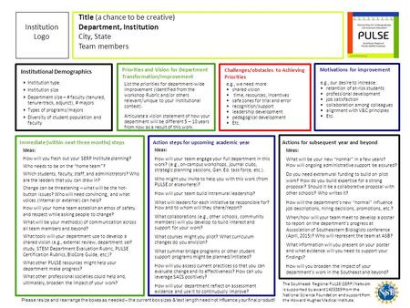 Title (a chance to be creative) Department, Institution City, State Team members Institution Logo Institutional Demographics Immediate (within next three.