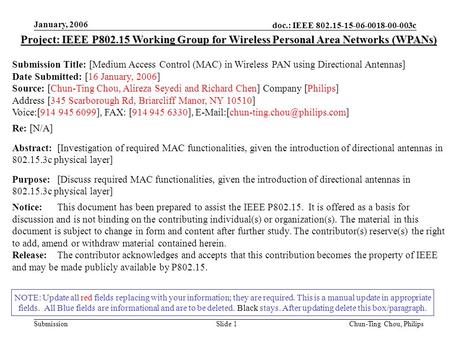 Doc.: IEEE 802.15-15-06-0018-00-003c Submission January, 2006 Chun-Ting Chou, PhilipsSlide 1 NOTE: Update all red fields replacing with your information;