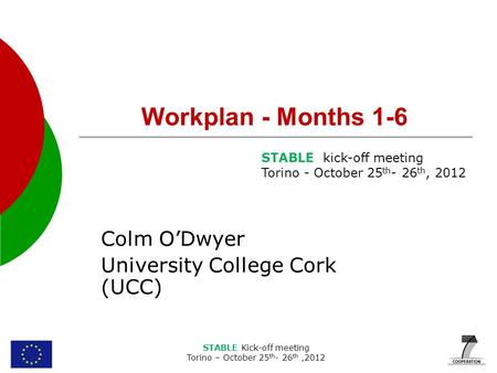 STABLE Kick-off meeting Torino – October 25 th - 26 th,2012 Workplan - Months 1-6 Colm O’Dwyer University College Cork (UCC) STABLE kick-off meeting Torino.