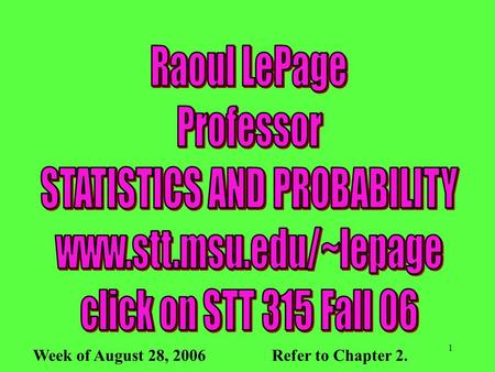 1 Week of August 28, 2006 Refer to Chapter 2.. 2.