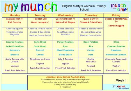 MondayTuesdayWednesdayThursdayFriday Vegetable Flan (v) Fish Crunchy Haddock Grill Quorn Lasagne (v) Quorn Caribbean (v) Salmon Fish Fingers Quorn Curry.