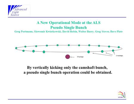 Advanced Light Source A New Operational Mode at the ALS Pseudo Single Bunch Greg Portmann, Slawomir Kwiatkowski, David Robin, Walter Barry, Greg Stover,