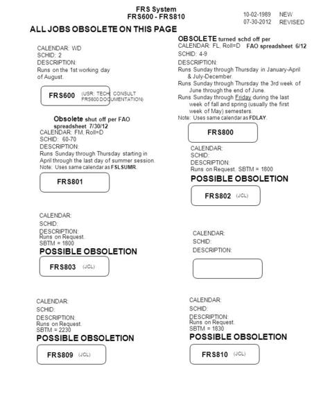 FRS System FRS600 - FRS810 NEW REVISED DESCRIPTION: SCHID: CALENDAR: 10-02-1989 FRS802 FRS803 07-30-2012 (JCL) Runs on Request. SBTM = 1800 POSSIBLE OBSOLETION.