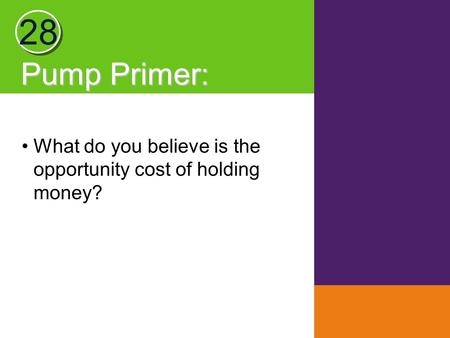 Pump Primer : What do you believe is the opportunity cost of holding money? 28.