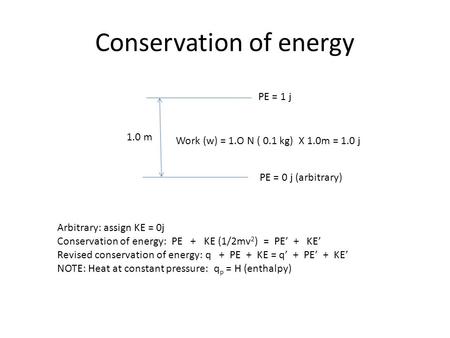 Conservation of energy PE = 1 j PE = 0 j (arbitrary) 1.0 m Work (w) = 1.O N ( 0.1 kg) X 1.0m = 1.0 j Arbitrary: assign KE = 0j Conservation of energy: