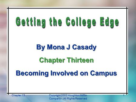 Chapter 13Copyright 2002 Houghton Mifflin Company - All Rights Reserved 1 By Mona J Casady Chapter Thirteen Becoming Involved on Campus By Mona J Casady.