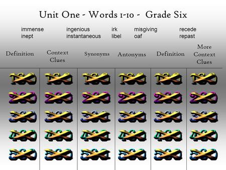 Unit One - Words 1-10 - Grade Six Definition Context Clues Synonyms Antonyms Definition More Context Clues immenseingeniousirkmisgivingrecede ineptinstantaneouslibeloafrepast.