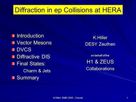 K.Hiller ISMD 2003 Cracow 1 Introduction Vector Mesons DVCS Diffractive DIS Final States: Charm & Jets Charm & JetsSummary K.Hiller DESY Zeuthen on behalf.