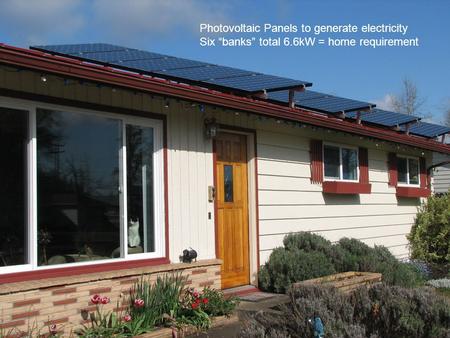 Photovoltaic Panels to generate electricity Six “banks” total 6.6kW = home requirement.