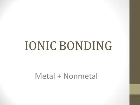 IONIC BONDING Metal + Nonmetal. Valence Electrons vs. Charge Valence Electrons = Outer Shell Electrons # Valence Electrons = Group (A) # Charge When an.