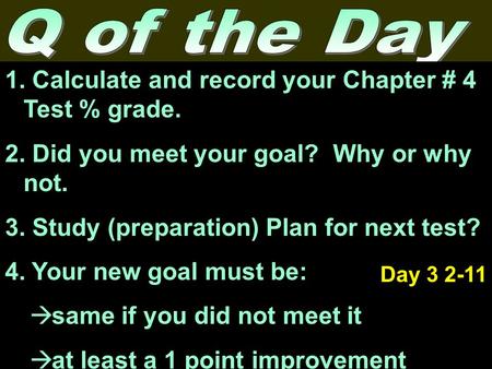 1. Calculate and record your Chapter # 4 Test % grade. 2. Did you meet your goal? Why or why not. 3. Study (preparation) Plan for next test? 4. Your new.