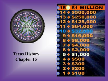 Texas History Chapter 15 A:B: 60,0006,000 #1 How many Texans served in the Confederate Army? C:D: 10,000100,000.